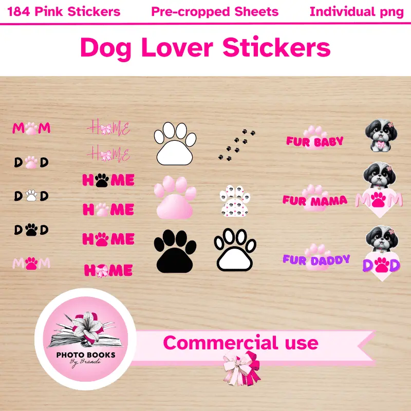 a variety of dog themed stickers in shades of pink and purple. commercial use allowed