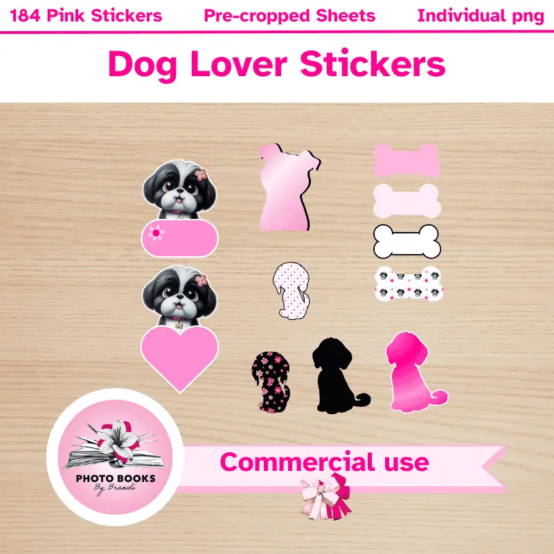 a variety of dog themed stickers in pink, black and white. Commercial use allowed.