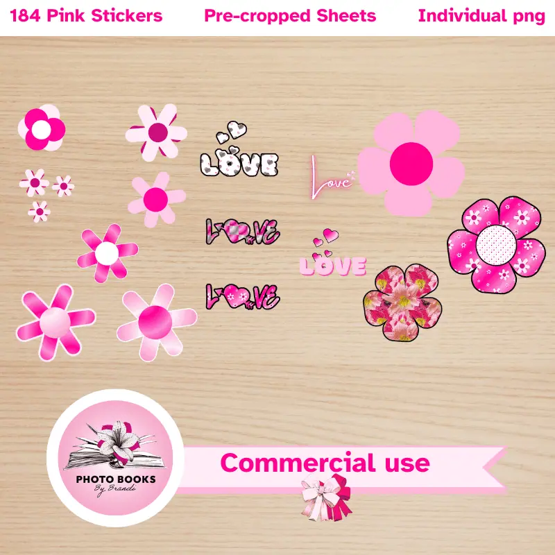 a variety of pink digital stickers in flowers and different ways of writing love. Commercial use allowed