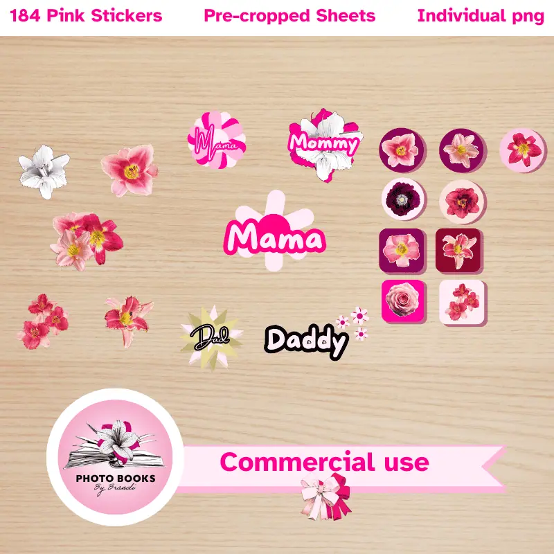 a variety of pink digital stickers with florals. Commercial use allowed