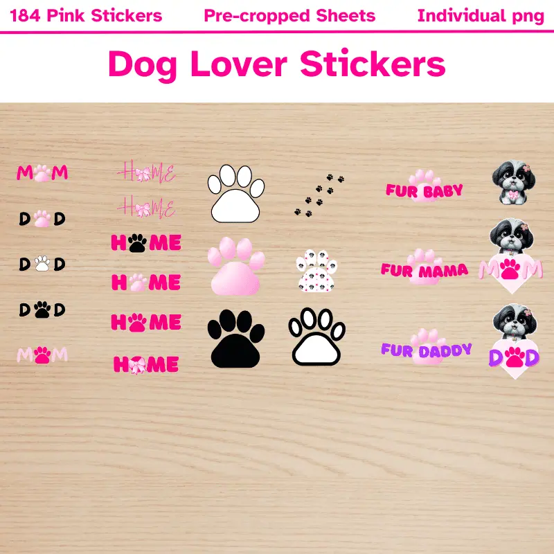 a variety of dog themed stickers in shades of pink and purple.