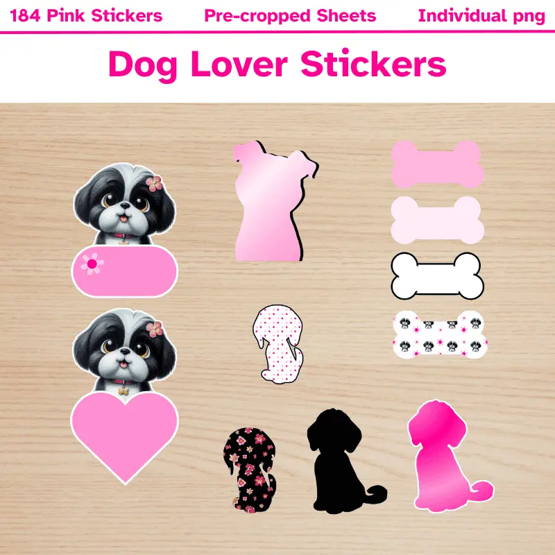 a variety of dog themed stickers in pink, black and white