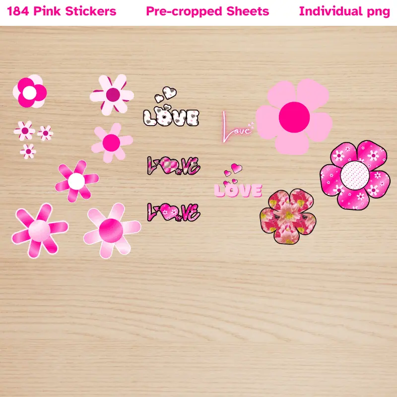 a variety of pink digital stickers in flowers and different ways of writing love