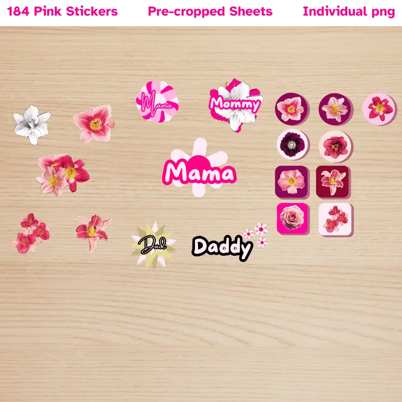 a variety of pink digital stickers with florals