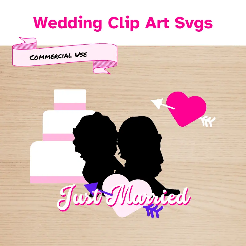 3 different wedding themed clip art displayed. A bride and groom silhouette in black with a heart and an arrow that says just married, a 3 tiered cake, and a heart with an arrow. Commercial use allowed
