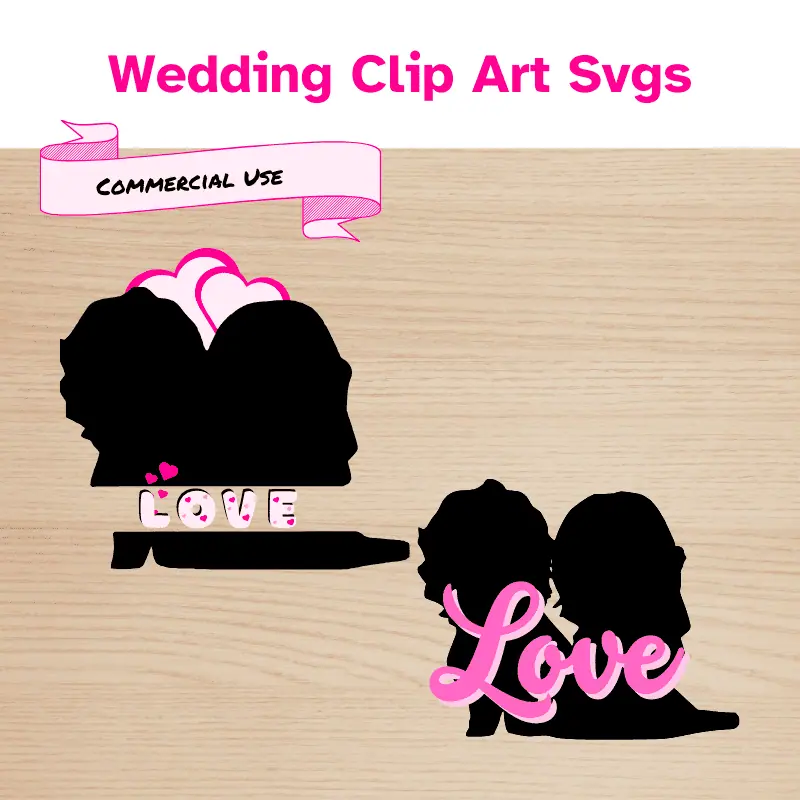 2 bride and groom silhouettes in black. one has the word love across it and the other has 2 hearts behind it and the word love in a cut out in the middle.