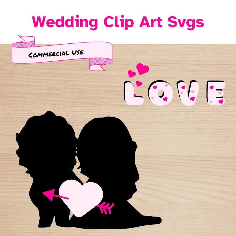 a bride and groom silhouette in black holding a heart with the word love written in bubble heart letters above it. Commercial use allowed