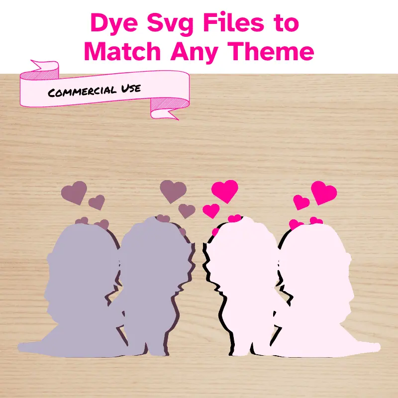2 of the same bride and groom silhouettes flipped facing each other in 2 different color palettes. Dye Svg files to match any theme.
