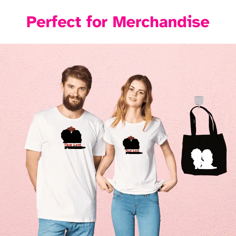 an engaged couple standing side by side in matching shirts with a wedding clip art design. a black bag is hangin on the wall with a different bride and groom design. Commercial use allowed.
