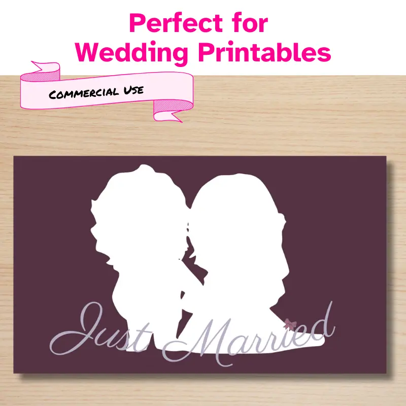 Perfect for wedding printables. a purple wedding sign with a white bride and groom silhouette and the words just married in lavender.