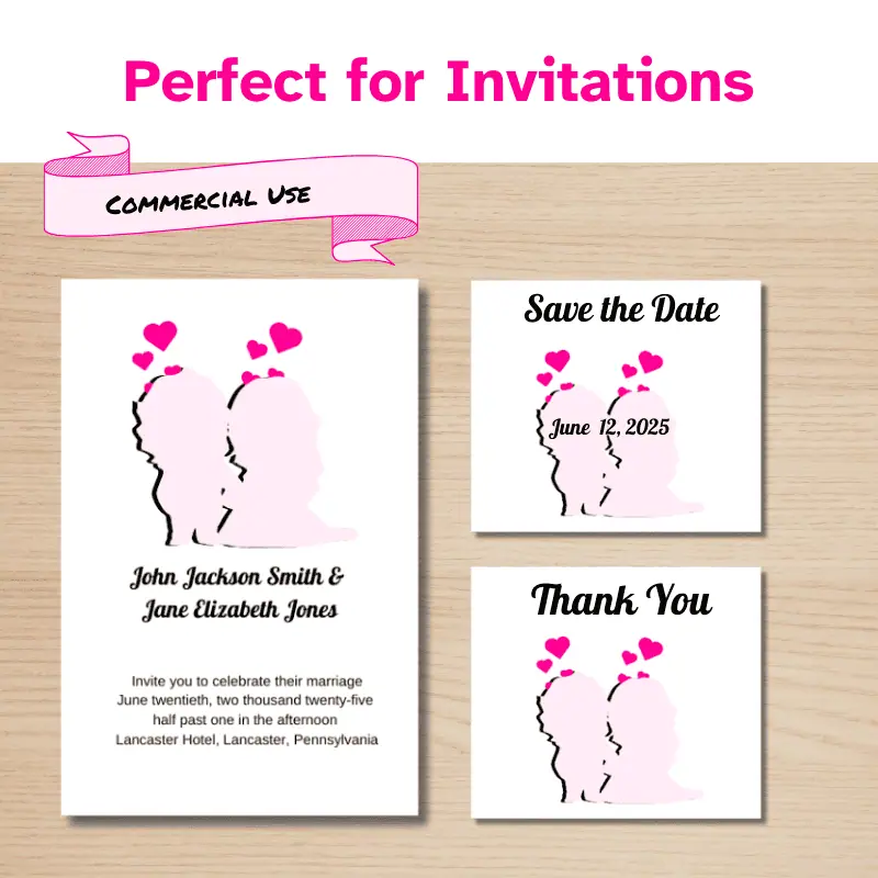 A set of wedding stationery with a pink bride and groom silhouette with hearts around it. There is an invitation, a save the date card, and a thank you card.