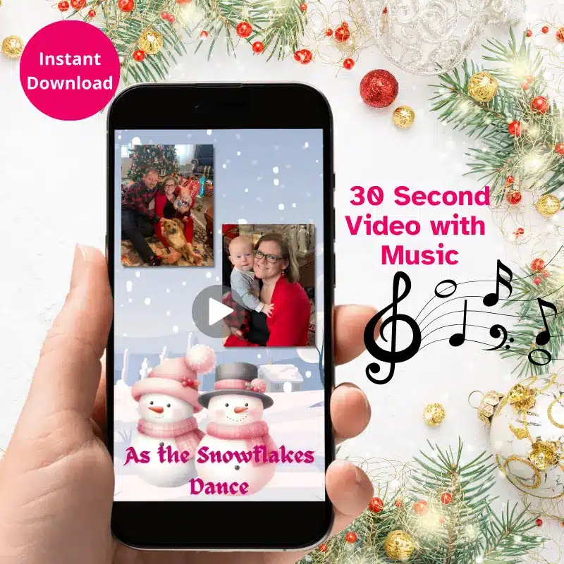 A 30 second Christmas Video playing on a phone with festive music. Instant Download. Christmas decorations surround the hand holding the phone.