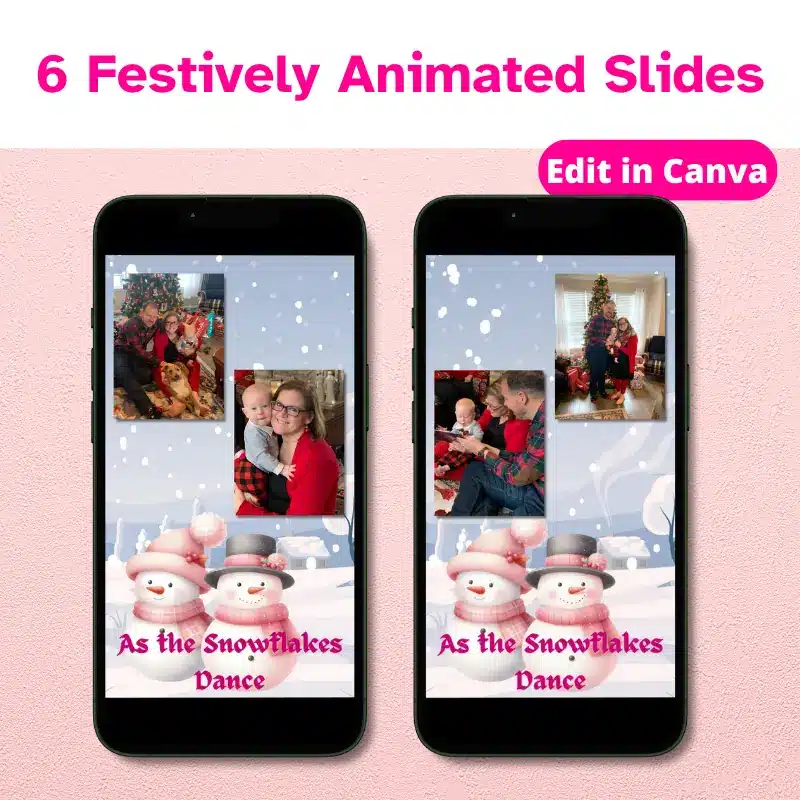 6 festively animated slides, edit in canva. 2 mobile phones with 2 different slides from an Animated Holiday Photo Card. Both have a winter scene with 2 snowman and 2 different animations.