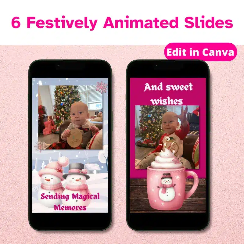6 festively animated slides, edit in canva. 2 mobile phones with 2 different slides from an Animated Holiday Photo Card. One is a winter scene with 2 snowmen and one square photo and the other has a square photo above a table with a cup of hot cocoa on it