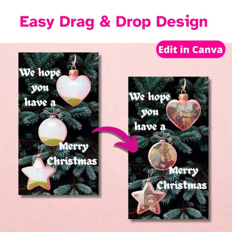 Easy drag and drop design. One slide from an animated Christmas card template with an arrow to a customized slide with family holiday photos.