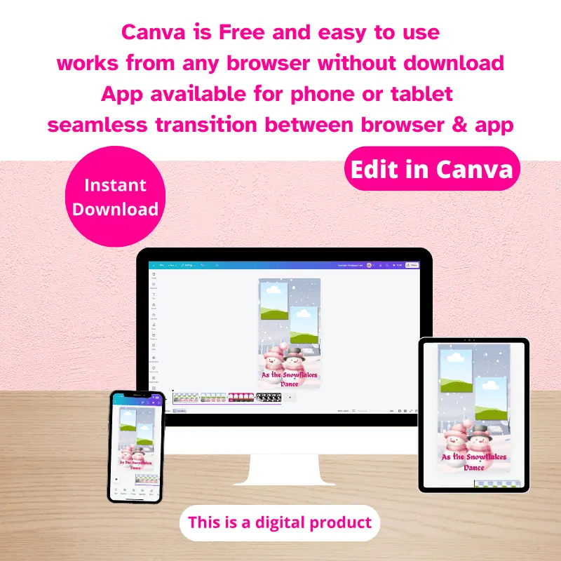 Edit in Canva. Canva is free and easy to use. A computer, a tablet, and a phone with the same Canva Animated photo card template on the screens.
