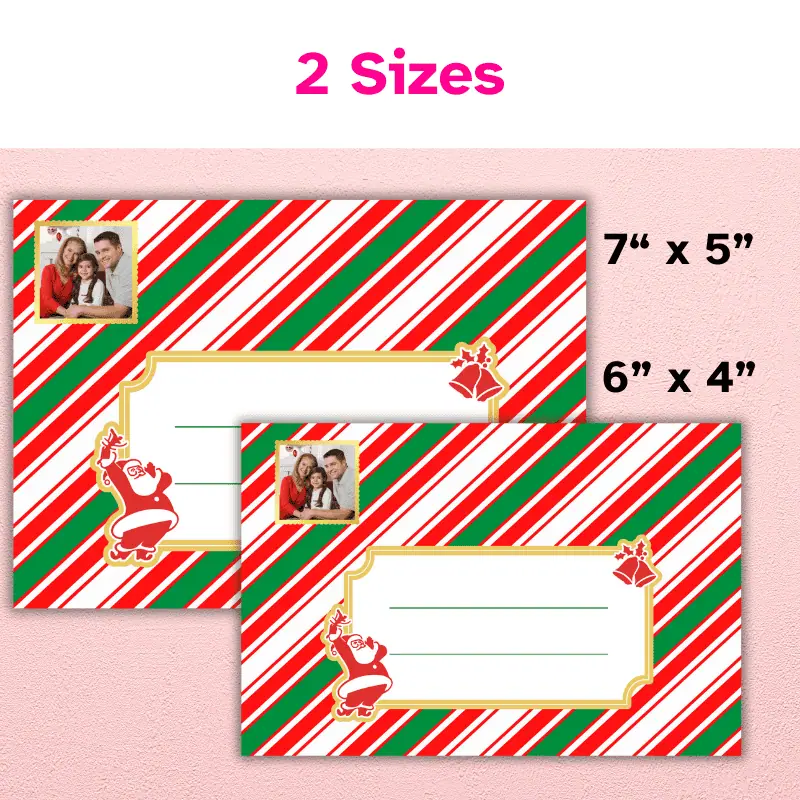 A double sided Christmas photo card designed as a letter with candy cane stripes. There is a label on the front to write a message and room for one photo shaped like a stamp in the left corner. It comes in 2 sizes: 7 x 5 inch and 6 x 4 inch.