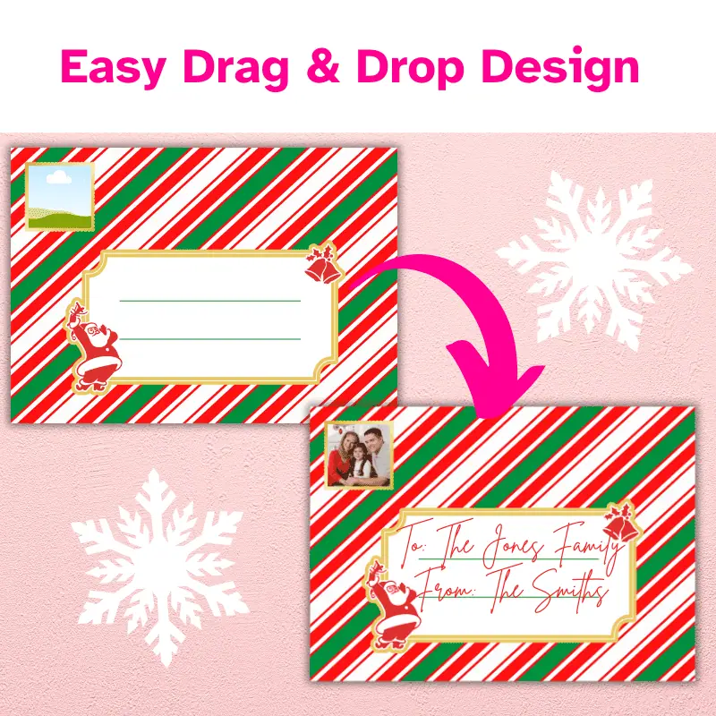 A Christmas photo card Template designed as a letter with candy cane stripes. There is a label on the front to write a message and room for one photo shaped like a stamp in the left corner. There is an arrow from the template to a completed design with a to and from message and a photo of a happy family.
