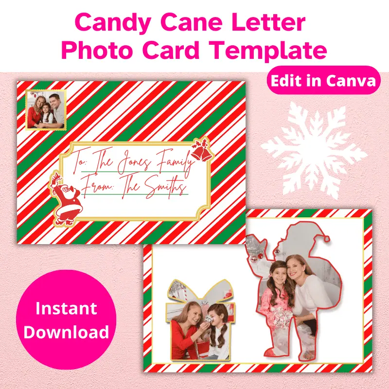 A photo card designed as a letter with candy cane stripes. There is a label on the front to write a message and room for one photo shaped like a stamp in the left corner. On the back there is room for 2 photos. One in the shape of Santa and the other in the shape of a gift. Edit in Canva