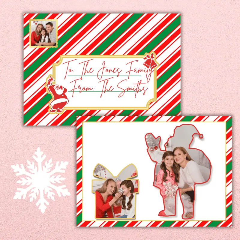 A double sided photo card designed as a letter with candy cane stripes. There is a label on the front to write a message and room for one photo shaped like a stamp in the left corner. On the back there is room for 2 photos. One in the shape of Santa and the other in the shape of a gift.