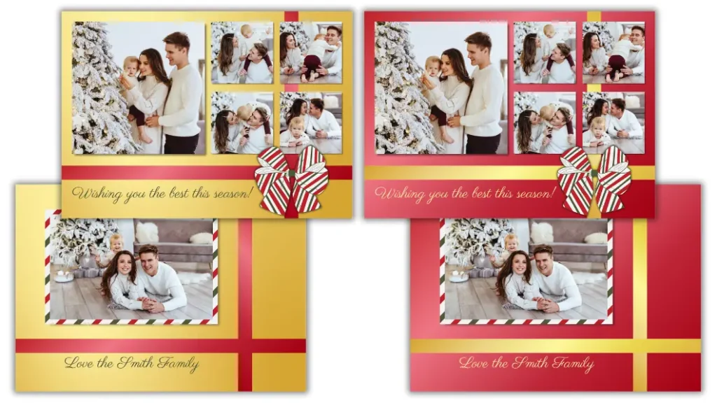 Christmas Photo Card designed to look like a Christmas present in 2 color variations. One is red with a gold ribbon and the other is gold with a red ribbon. They both have a red, white, and green bow.