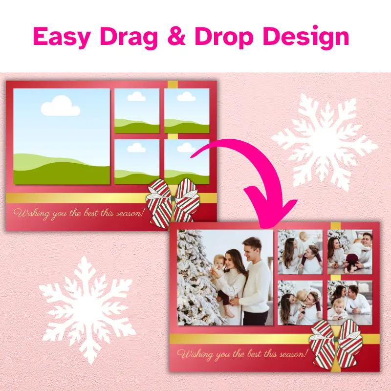 Christmas Photo Card Template designed to look like a Christmas present. It's red with a gold ribbon and has a red, white, and green bow. There is an arrow from the template to a completed photo card design with photos of a happy couple and their child.
