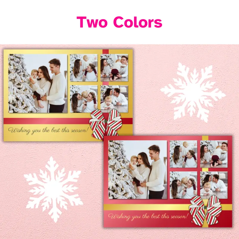 Christmas Photo Card designed to look like a Christmas present. It's red with a gold ribbon and has a red, white, and green bow. There are 5 photos of a happy couple with their child in the card. The card comes in 2 colors: gold with a red ribbon and red with a gold ribbon.