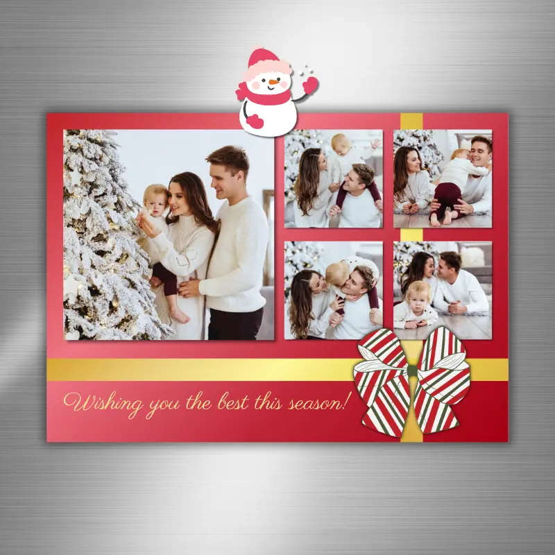 Photo Card designed to look like a Christmas present. It's red with a gold ribbon and has a red, white, and green bow. The card has 5 photos of a happy family and is on the fridge.