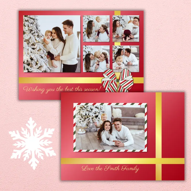 Double-sided Christmas Photo Card designed to look like a Christmas present. It's red with a gold ribbon and has a red, white, and green bow. There are 6 photos of a happy couple with their child in the card.
