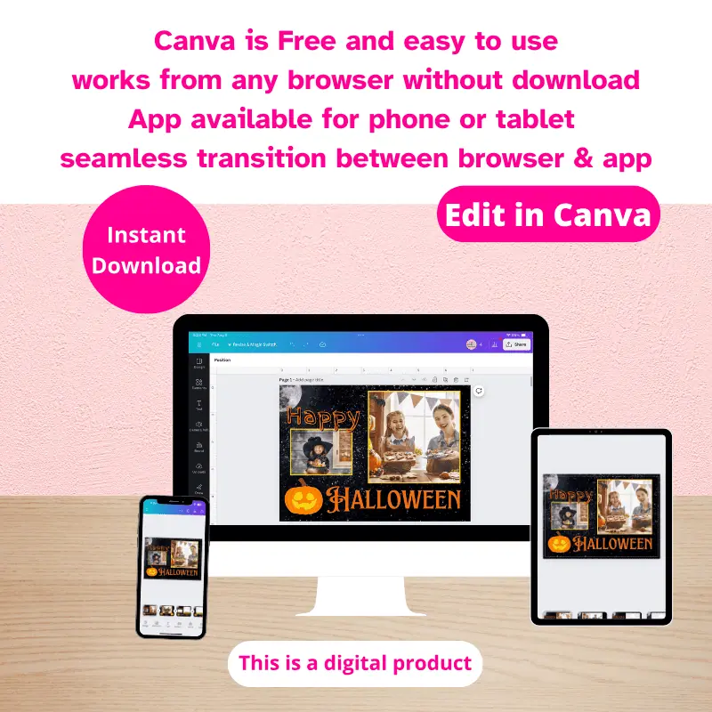 Edit in Canva. Canva is free and easy to use. A computer, a tablet, and a phone with the same Canva photo card template on the screens.