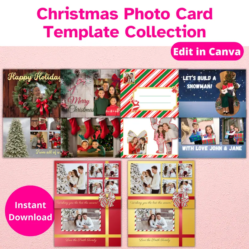 Five unique double sided Christmas Photo Cards sold as a collection. Edit in Canva.