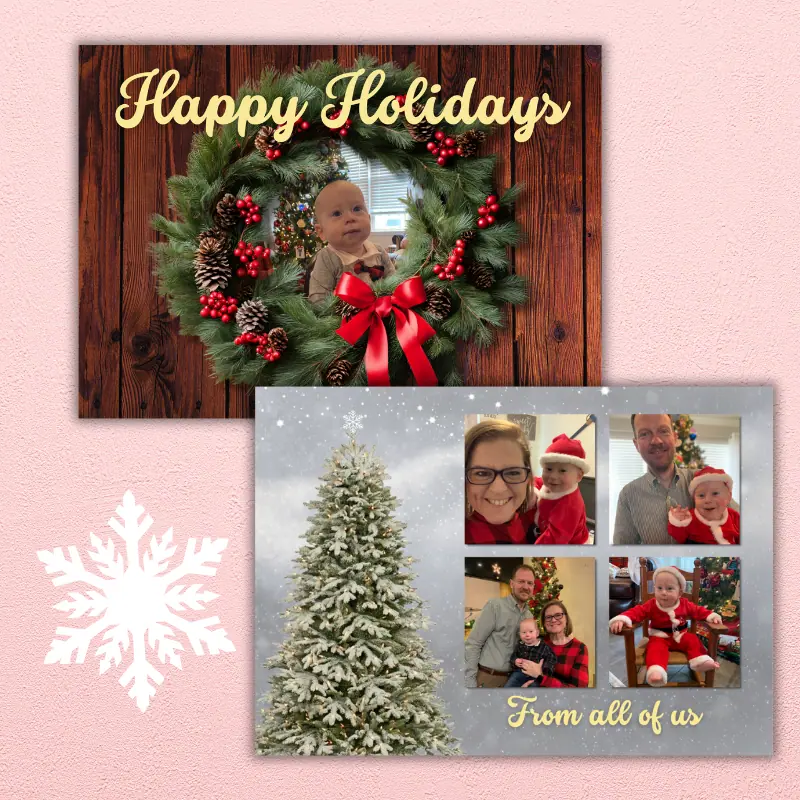 A double sided holiday photo card with 5 family photos. There is a wreath on a door with one photo behind it on one side and the other has a Christmas tree with 4 photos beside it.