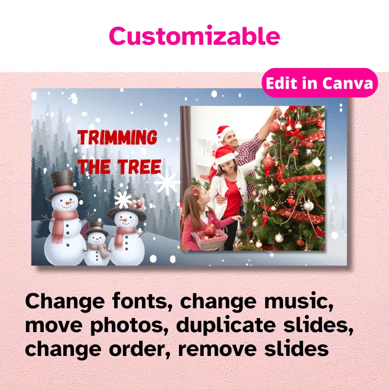 Change fonts, change music, move photos, duplicate slides, change order, remove slides. A customized slide from the holiday photo slideshow template with a photo of a family decorating their Christmas tree.