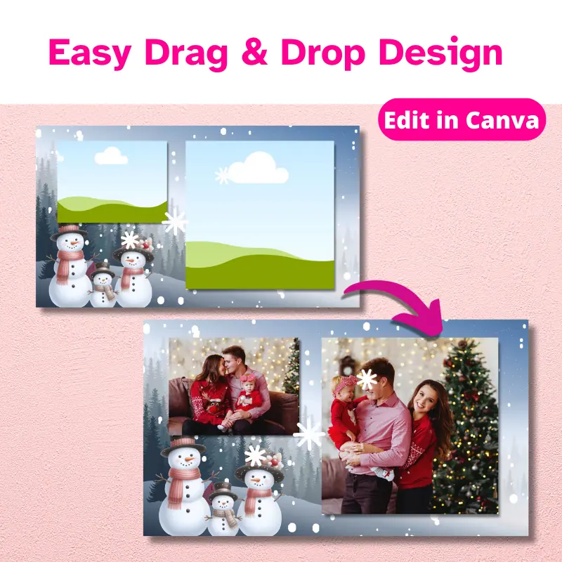 a slide from the canva photo slideshow template with an arrow pointing to a customized slide. Easy drag and drop design