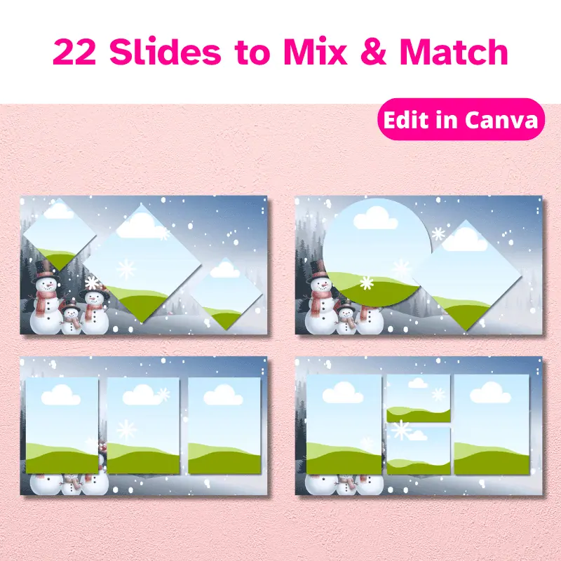 4 slides from a holiday slideshow template with 22 slides to mix and match. Edit in Canva. The background of the slideshow has a snowman family and snowflakes falling in front of a winter woods in the distance.