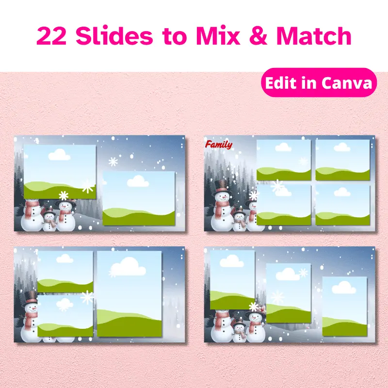 4 slides from a holiday slideshow template with 22 slides to mix and match. Edit in Canva. The background of the slideshow has a snowman family and snowflakes falling in front of a winter woods in the distance.