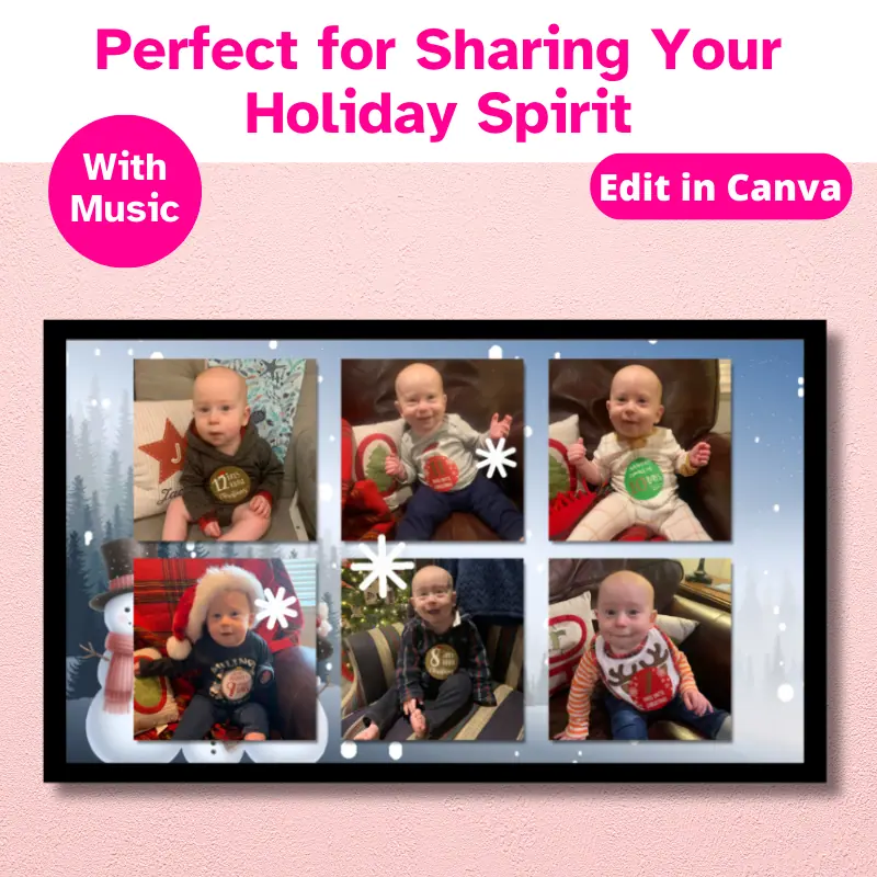 A tv hanging on a wall with a Winter Holiday slideshow playing on it with holiday music. This slideshow was created from a photo slideshow template. edit in canva There are 6 photos of a baby celebrating the 12 days before Christmas on the screen.