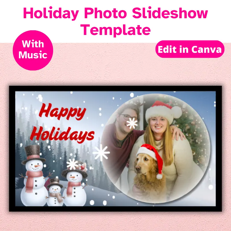 A tv hanging on a wall with a Winter Holiday slideshow playing on it with holiday music. This slideshow was created from a photo slideshow template. edit in canva There is a photo of a happy couple with their dog on the screen.