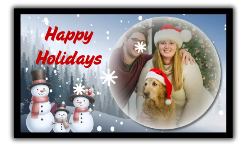 A tv with a Winter Holiday slideshow playing on it with holiday music. This slideshow was created from a photo slideshow template. edit in canva There is a photo of a happy couple with their dog on the screen.
