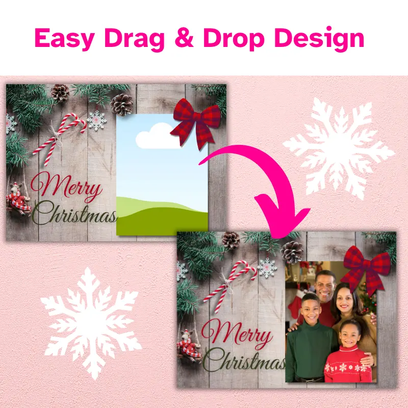 A Christmas photo card template with Christmas decorations and room for one photo with an arrow to a completed template with a photo of a happy family.