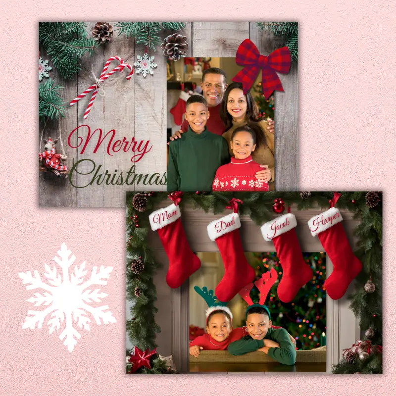 Double sided Christmas card that says Merry Christmas with decorations and a bow in the corner of the photo on the front and the back has stockings hanging on a mantle with names on them in front of a photo of two children peaking out of the fireplace.