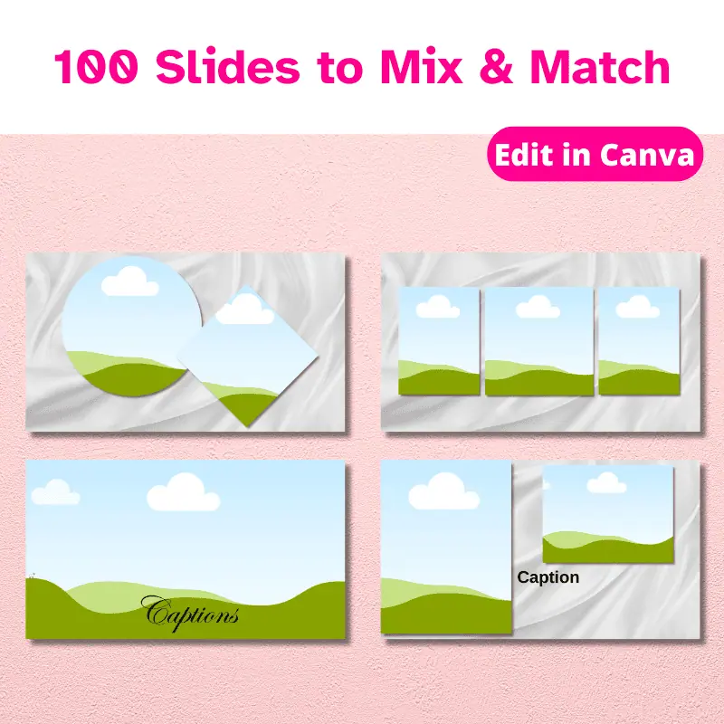 4 slides from a premium slideshow template with 100 slides to mix and match. Edit in Canva.