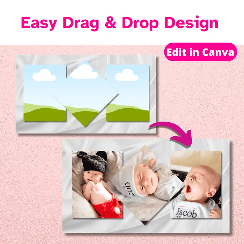 a slide from the canva photo slideshow template with an arrow pointing to a customized slide. Easy drag and drop design