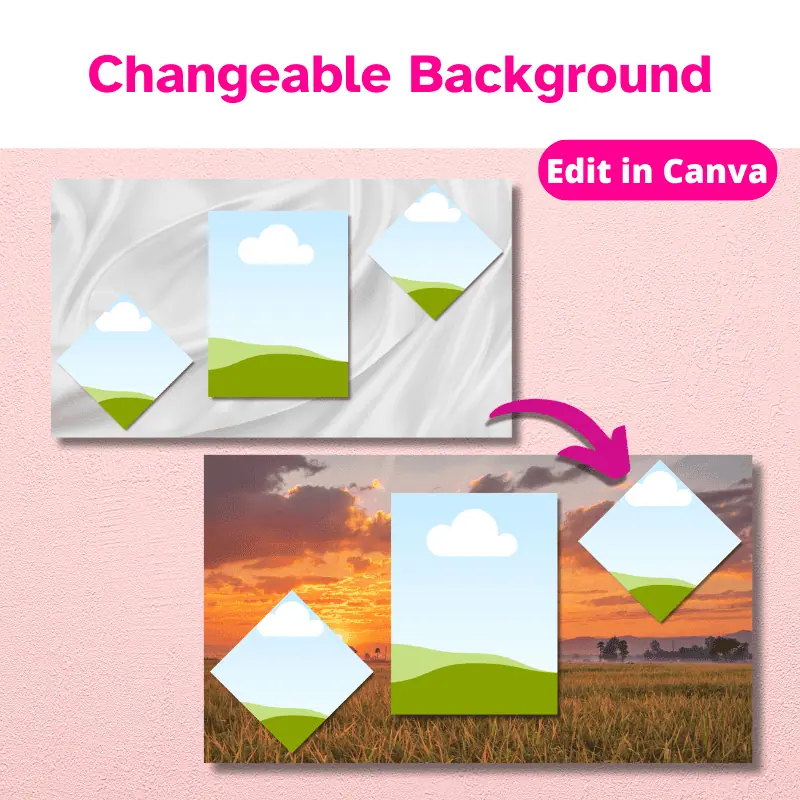 a slide from the canva photo slideshow template with an arrow pointing to a customized slide. Changeable Background.