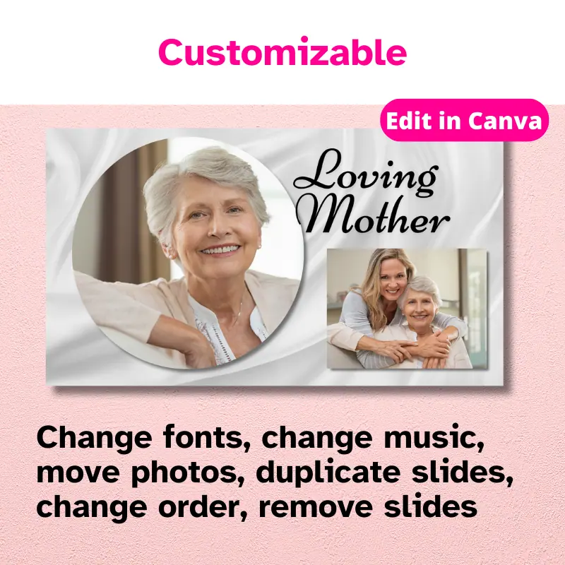 Change fonts, change music, move photos, duplicate slides, change order, remove slides. A customized slide from the premium photo slideshow template for a memorial.