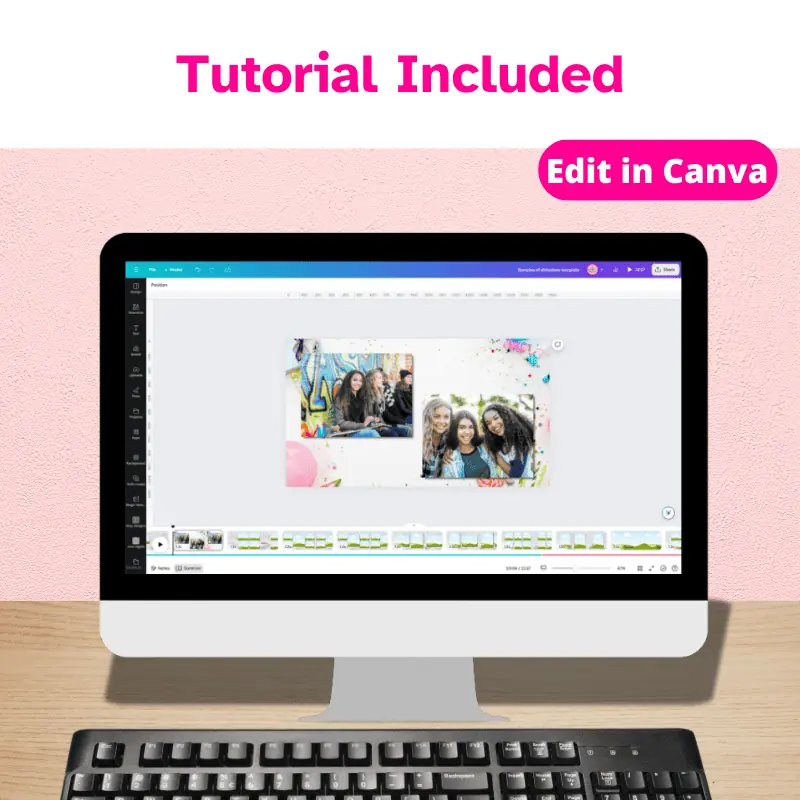 a computer on a desk with a canva tutorial for the photo slideshow template displayed.