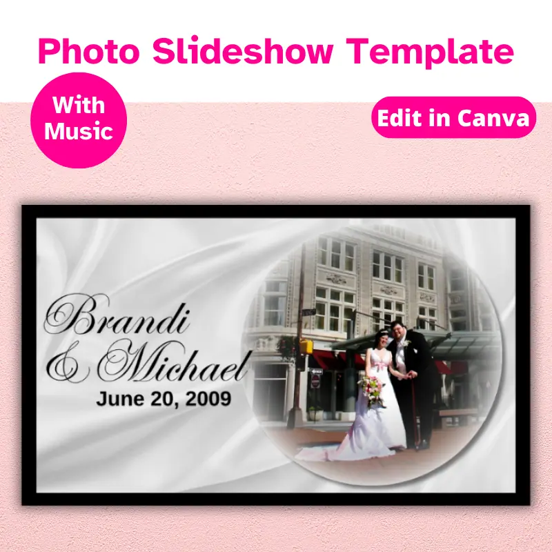 A tv hanging on a wall with a wedding slideshow playing on it. This slideshow was created from a photo slideshow template. edit in canva