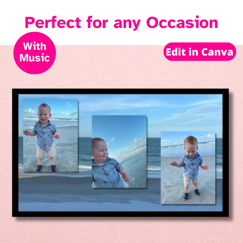 A tv hanging on a wall with a summer vacation slideshow playing on it. This slideshow was created from a photo slideshow template. edit in canva. Perfect for any occasion.