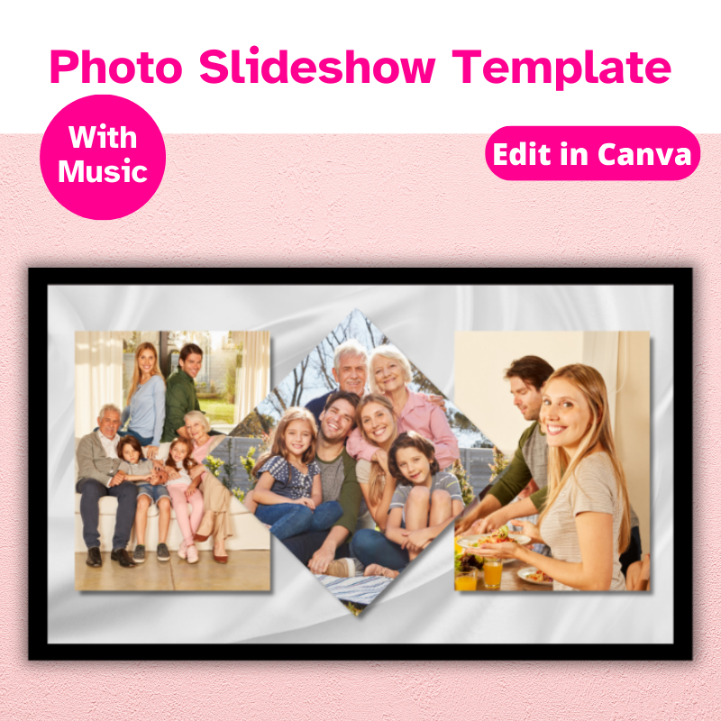 A tv hanging on a wall with a family slideshow playing on it. This slideshow was created from a photo slideshow template. edit in canva