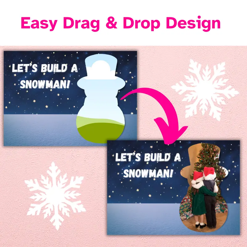 A photo card template with a photo in the shape of a snowman with an arrow pointed to a completed template with a picture of a boy and a girl with Santa hats in front of the Christmas tree.